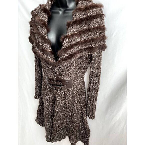 Carina Y2K Mohair Wool Cardigan Sweater Fur Collar Belted Knit Brown 90s Size M - Picture 4 of 11